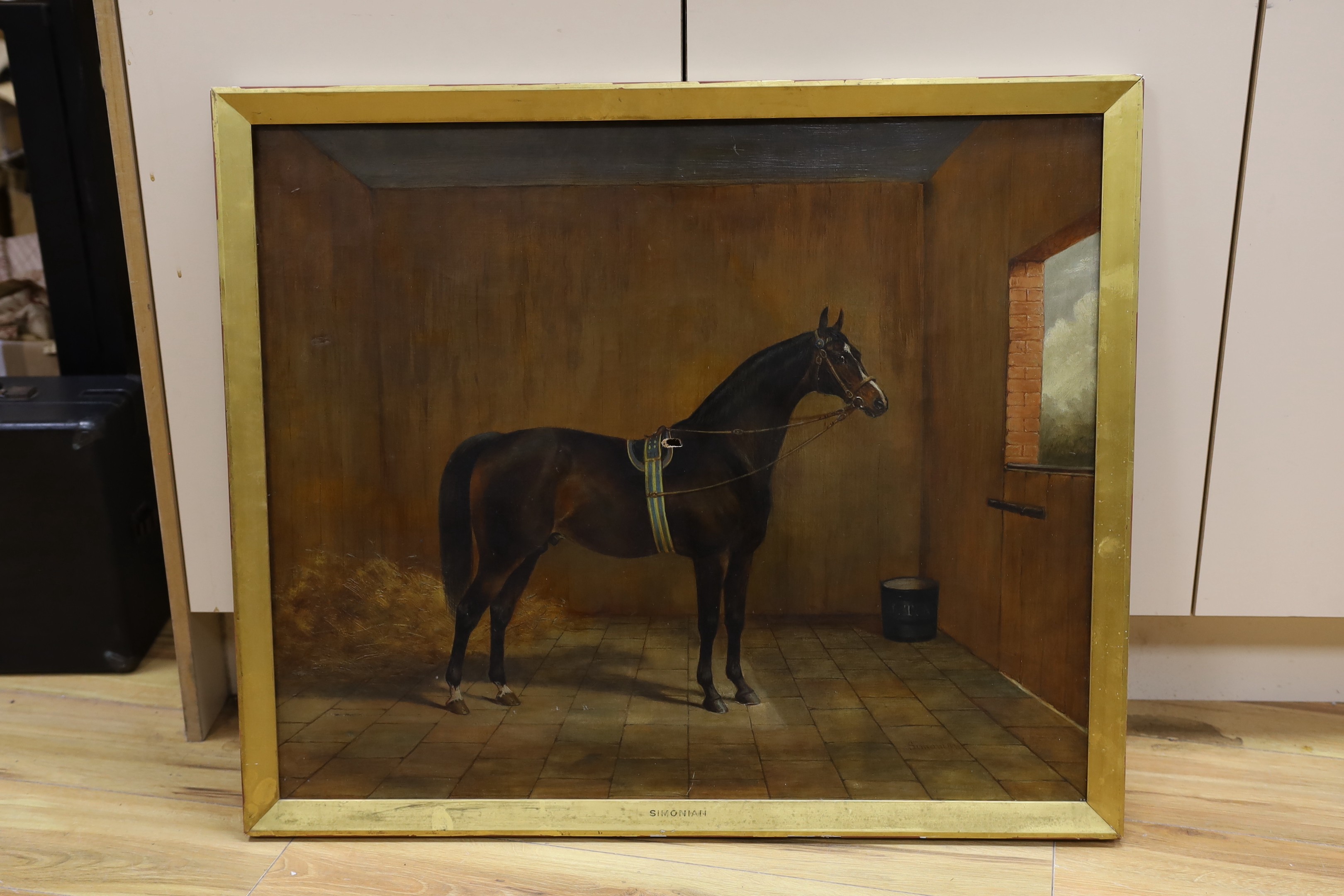 Circle of Sydney R Wombill (1857-1916), oil on canvas, Portrait of a racehorse 'Simonian', titled with label verso, 62 x 75cm, holed in the centre of the centre of the canvas